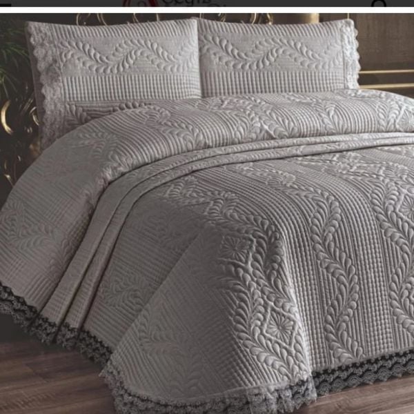 Çift Kişilik Güpürlü Yatak Örtüsü Takımı Gri