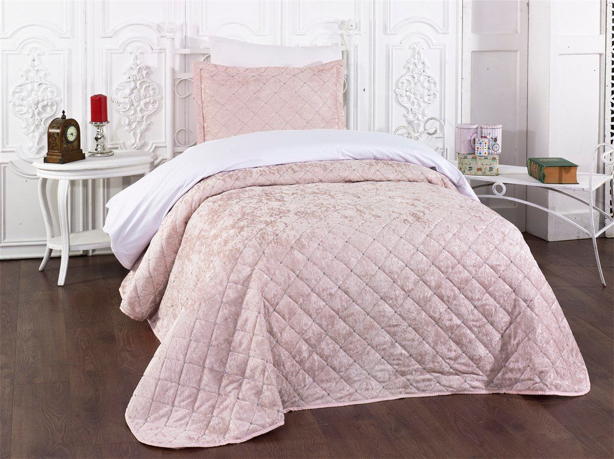 Tek Kişilik Estiva Kadife Yatak Örtüsü Takımı Pudra