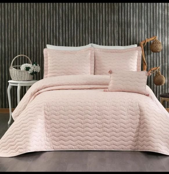 Çift Kişilik Perla Yatak Örtüsü Takımı Pudra